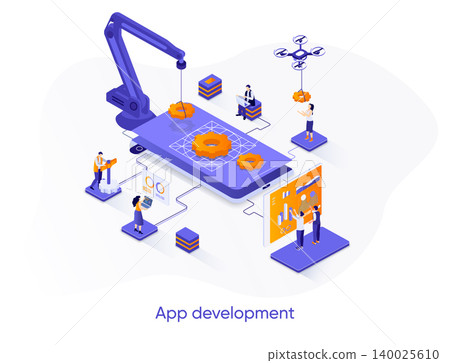 App development isometric web banner. Mobile application design, full stack programming isometry concept. Software development 3d scene, digital technology flat design. Vector illustration with people App development isometric web banner. Mobile application design, full stack programming isometry concept. Software development 3d scene, digital technology flat design. Vector illustration with people 140025610
