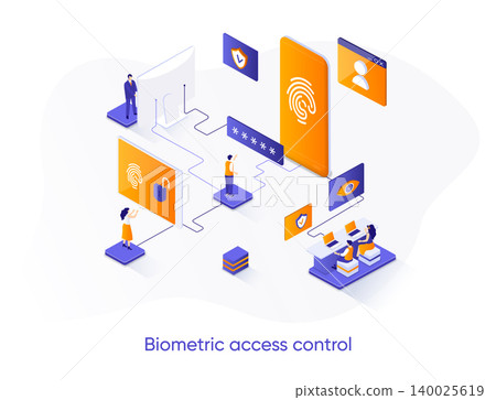 Biometric access control isometric web banner. Fingerprint scan control isometry concept. Biometrics identification 3d scene, access verification flat design. Vector illustration with people character Biometric access control isometric web banner. Fingerprint scan control isometry concept. Biometrics identification 3d scene, access verification flat design. Vector illustration with people character 140025619