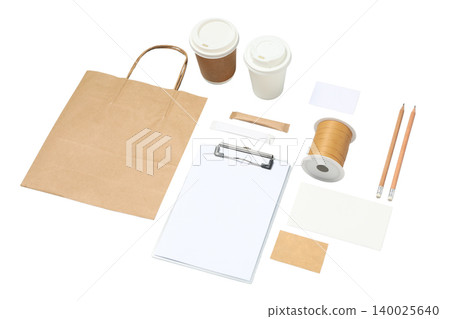 Organized office supplies and cups displayed, isolated on white, PNG Organized office supplies and cups displayed, isolated on white, PNG 140025640