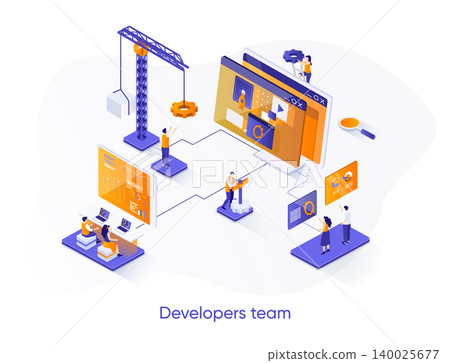 Developers team isometric web banner. Full stack software development company isometry concept. App engineering, programming and testing 3d scene design. Vector illustration with people characters. Developers team isometric web banner. Full stack software development company isometry concept. App engineering, programming and testing 3d scene design. Vector illustration with people characters. 140025677