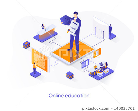 Online education isometric web banner. Distance learning platform isometry concept. Online webinars and trainings 3d scene, skills development flat design. Vector illustration with people characters. Online education isometric web banner. Distance learning platform isometry concept. Online webinars and trainings 3d scene, skills development flat design. Vector illustration with people characters. 140025701