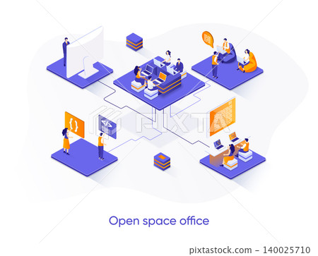 Open space office isometric web banner. Collaboration at coworking open space isometry concept. Comfortable workplace for developers team 3d scene design. Vector illustration with people characters. Open space office isometric web banner. Collaboration at coworking open space isometry concept. Comfortable workplace for developers team 3d scene design. Vector illustration with people characters. 140025710
