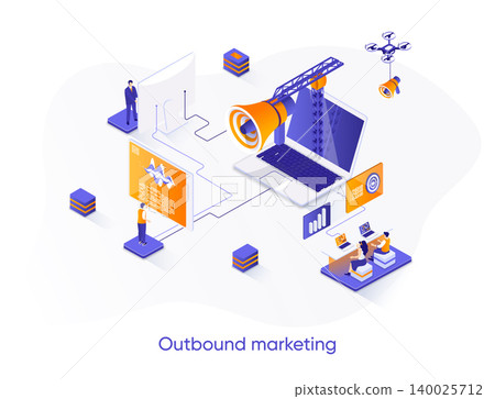 Outbound marketing isometric web banner. Online advertising and promotion in social media isometry concept. Outbound marketing activities 3d scene design. Vector illustration with people characters. Outbound marketing isometric web banner. Online advertising and promotion in social media isometry concept. Outbound marketing activities 3d scene design. Vector illustration with people characters. 140025712