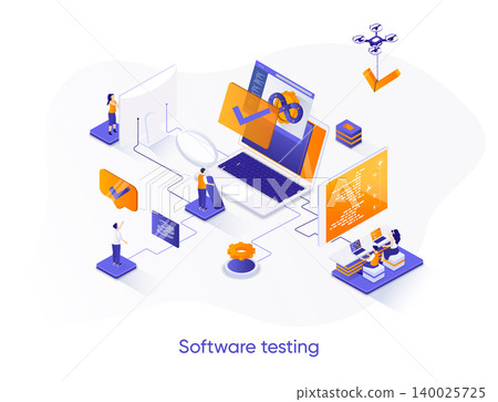 Software testing isometric web banner. Software debugging and quality assurance isometry concept. Search of bugs and analysis process 3d scene design. Vector illustration with people characters. Software testing isometric web banner. Software debugging and quality assurance isometry concept. Search of bugs and analysis process 3d scene design. Vector illustration with people characters. 140025725