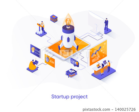 Startup project isometric web banner. Team of startup founders launching new project isometry concept. Innovation solution development 3d scene design. Vector illustration with people characters. 140025726