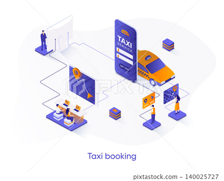 Taxi booking isometric web banner. Taxi service mobile application isometry concept. Online booking of passengers transportation, carsharing 3d scene design. Vector illustration with people characters Taxi booking isometric web banner. Taxi service mobile application isometry concept. Online booking of passengers transportation, carsharing 3d scene design. Vector illustration with people characters 140025727