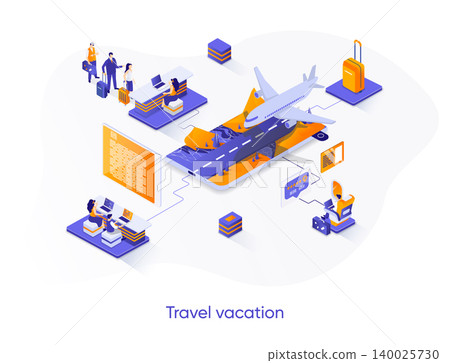 Travel vacation isometric web banner. Tour agency service isometry concept. Trip organization, online check-in and flight booking solution 3d scene design. Vector illustration with people characters. Travel vacation isometric web banner. Tour agency service isometry concept. Trip organization, online check-in and flight booking solution 3d scene design. Vector illustration with people characters. 140025730
