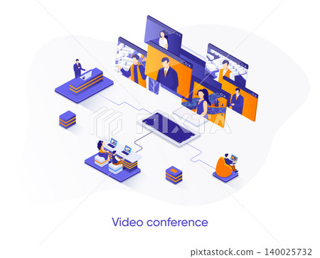 Video conference isometric web banner. Teleconference and video call solution isometry concept. Online communication, project team meetings 3d scene design. Vector illustration with people characters. Video conference isometric web banner. Teleconference and video call solution isometry concept. Online communication, project team meetings 3d scene design. Vector illustration with people characters. 140025732