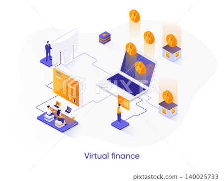 Virtual finance isometric web banner. Internet banking service isometry concept. Financial management 3d scene, online money transaction and payment design. Vector illustration with people characters. 140025733