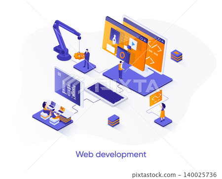 Web development isometric web banner. Full stack development company isometry concept. Software engineering 3d scene, application design and programming. Vector illustration with people characters. Web development isometric web banner. Full stack development company isometry concept. Software engineering 3d scene, application design and programming. Vector illustration with people characters. 140025736