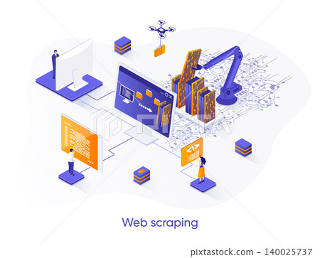 Web scraping isometric web banner. Data extraction software isometry concept. Process of automatic collecting and parsing raw data from web 3d scene design. Vector illustration with people characters. 140025737