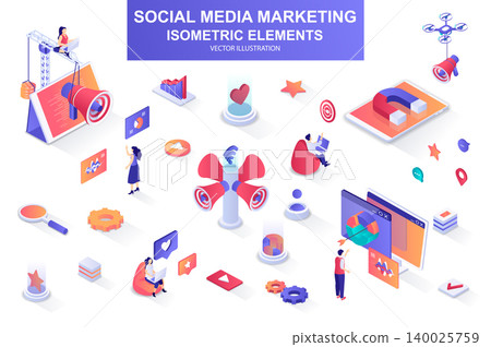 Social media marketing bundle of isometric elements. Social media marketing bundle of isometric elements. 140025759