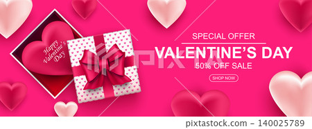Valentines day sale web banner. Realistic gift box with bow and heart. Banner for holiday poster, greeting cards, header, landing page, website, online shop, commerce, marketing. Vector illustration. 140025789