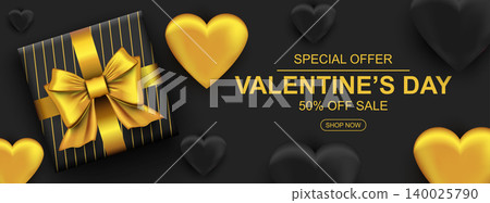 Valentines day sale web banner. Realistic gift box with golden bow and heart. Banner for holiday poster, greeting cards, header, landing page, website, online shop, commerce. Vector illustration. Valentines day sale web banner. Realistic gift box with golden bow and heart. Banner for holiday poster, greeting cards, header, landing page, website, online shop, commerce. Vector illustration. 140025790