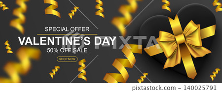 Valentines day sale web banner. Realistic gift box with golden bow heart and confetti. Banner for holiday poster, greeting cards, header, landing page, website, shop, commerce. Vector illustration. 140025791