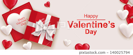 Happy Valentines day horizontal web banner. Realistic gift box with bow, red and white heart. Beautiful banner for holiday poster, greeting cards, header, landing page, website. Vector illustration. Happy Valentines day horizontal web banner. Realistic gift box with bow, red and white heart. Beautiful banner for holiday poster, greeting cards, header, landing page, website. Vector illustration. 140025794