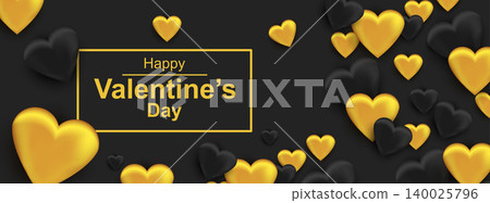 Happy Valentines day horizontal web banner. Realistic black and gold heart. Beautiful celebration banner for holiday poster, greeting cards, header, landing page, website. Vector illustration. Happy Valentines day horizontal web banner. Realistic black and gold heart. Beautiful celebration banner for holiday poster, greeting cards, header, landing page, website. Vector illustration. 140025796