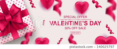 Valentines day sale web banner. Realistic gift box with bow, heart and confetti. Banner for holiday poster, greeting cards, header, landing page, website, online shop, commerce. Vector illustration. Valentines day sale web banner. Realistic gift box with bow, heart and confetti. Banner for holiday poster, greeting cards, header, landing page, website, online shop, commerce. Vector illustration. 140025797