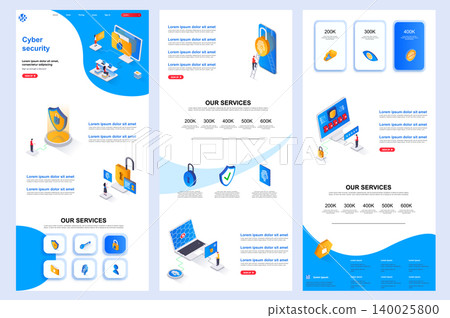 Cyber security isometric landing page. Information security, data protection software corporate website design template. Web banner with header, middle content, footer. Cyber security isometric landing page. Information security, data protection software corporate website design template. Web banner with header, middle content, footer. 140025800