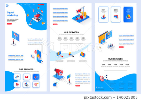 Digital marketing isometric landing page. Social media marketing, advertising corporate website design template. Web banner layout with header, middle content, footer. Digital marketing isometric landing page. Social media marketing, advertising corporate website design template. Web banner layout with header, middle content, footer. 140025803