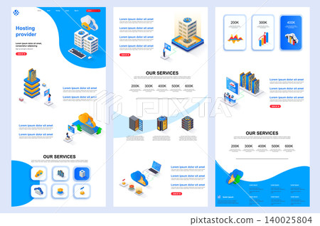 Hosting provider isometric landing page. Database support, cloud data center corporate website design template. Web banner template with header, middle content, footer. Hosting provider isometric landing page. Database support, cloud data center corporate website design template. Web banner template with header, middle content, footer. 140025804