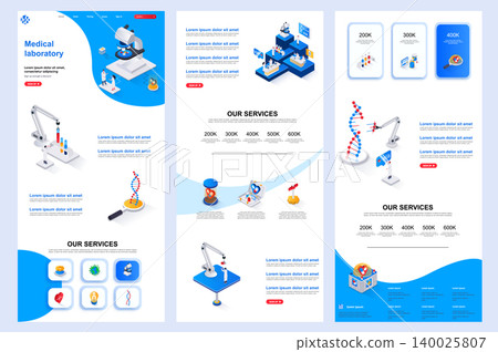 Medical laboratory isometric landing page. Clinical research lab, analysis corporate website design template. Web banner template with header, middle content, footer. Medical laboratory isometric landing page. Clinical research lab, analysis corporate website design template. Web banner template with header, middle content, footer. 140025807