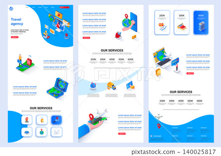 Travel agency isometric landing page. Summertime beach vacation, tour operator corporate website design template. Web banner template with header, middle content, footer. Travel agency isometric landing page. Summertime beach vacation, tour operator corporate website design template. Web banner template with header, middle content, footer. 140025817