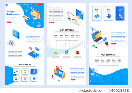 Website development isometric landing page. Full stack engineering, construct corporate website design template. Web banner with header, middle content, footer. Website development isometric landing page. Full stack engineering, construct corporate website design template. Web banner with header, middle content, footer. 140025818