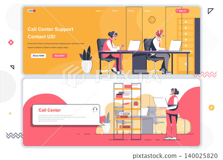 Call center landing pages set. Online hotline, customer assistance service corporate website. Flat vector illustration with people characters. Web concept use as header, footer or middle content. 140025820