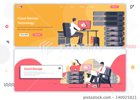 Cloud storage landing pages set. Hosting provider, cloud storage management corporate website. Flat vector illustration with people characters. Web concept use as header, footer or middle content. Cloud storage landing pages set. Hosting provider, cloud storage management corporate website. Flat vector illustration with people characters. Web concept use as header, footer or middle content. 140025821