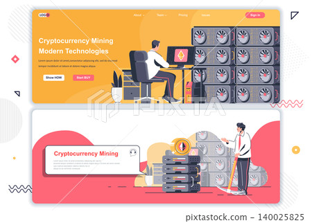 Cryptocurrency marketplace landing pages set. Cryptocurrency exchange and trading corporate website. Flat vector illustration with people. Web concept use as header, footer or middle content. Cryptocurrency marketplace landing pages set. Cryptocurrency exchange and trading corporate website. Flat vector illustration with people. Web concept use as header, footer or middle content. 140025825