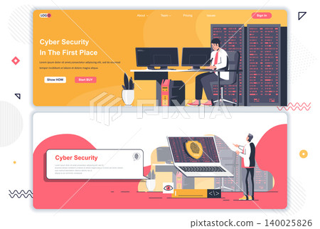 Cyber security landing pages set. Cybersecurity assistance and management corporate website. Flat vector illustration with people characters. Web concept use as header, footer or middle content. Cyber security landing pages set. Cybersecurity assistance and management corporate website. Flat vector illustration with people characters. Web concept use as header, footer or middle content. 140025826