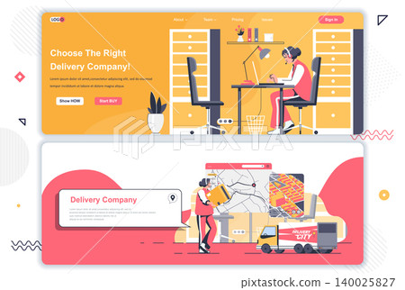 Delivery company landing pages set. Logistics, warehousing and shipping corporate website. Flat vector illustration with people characters. Web concept use as header, footer or middle content. Delivery company landing pages set. Logistics, warehousing and shipping corporate website. Flat vector illustration with people characters. Web concept use as header, footer or middle content. 140025827