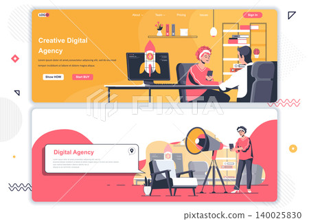 Creative agency landing pages set. Idea generation workflow, project launch corporate website. Flat vector illustration with people characters. Web concept use as header, footer or middle content. 140025830