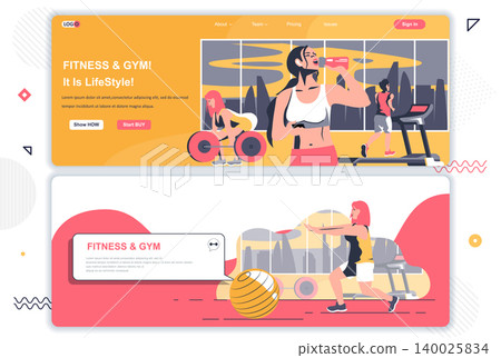 Fitness gym landing pages set. Sports club, workout and training space corporate website. Flat vector illustration with people characters. Web concept use as header, footer or middle content. 140025834