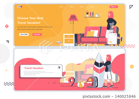Travel agency landing pages. Online tour reservation, booking of tickets corporate website. Flat vector illustration with people characters. Web concept use as header, footer or middle content. Travel agency landing pages. Online tour reservation, booking of tickets corporate website. Flat vector illustration with people characters. Web concept use as header, footer or middle content. 140025846
