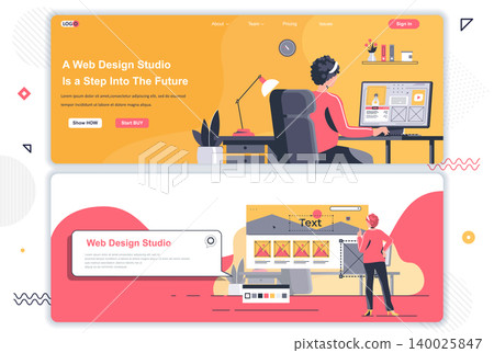Web design studio landing pages set. Creative website design, prototyping and usability. Flat vector illustration with people characters. Web concept use as header, footer or middle content. Web design studio landing pages set. Creative website design, prototyping and usability. Flat vector illustration with people characters. Web concept use as header, footer or middle content. 140025847