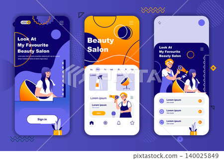 Beauty salon unique design kit for social networks stories. Hairstyling studio, woman hairdressing mobile screen templates for app. UI UX layouts vector illustration. GUI set with people characters. Beauty salon unique design kit for social networks stories. Hairstyling studio, woman hairdressing mobile screen templates for app. UI UX layouts vector illustration. GUI set with people characters. 140025849