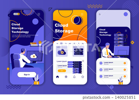 Cloud storage unique design kit for social networks stories. Hosting provider, data center service mobile screen templates for app. UI UX layouts vector illustration. GUI set with people characters. Cloud storage unique design kit for social networks stories. Hosting provider, data center service mobile screen templates for app. UI UX layouts vector illustration. GUI set with people characters. 140025851