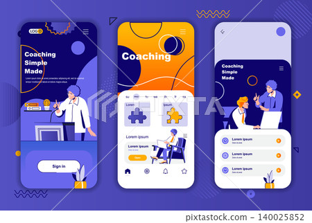 Coaching unique design kit for social networks stories. Business training, motivation and mentoring mobile screen templates for app. UI UX layouts vector illustration. GUI set with people characters. Coaching unique design kit for social networks stories. Business training, motivation and mentoring mobile screen templates for app. UI UX layouts vector illustration. GUI set with people characters. 140025852
