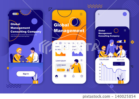 Global management unique design kit for social networks stories. Business assistance and consulting mobile screen templates for app. UI UX layouts vector illustration. GUI set with people characters. Global management unique design kit for social networks stories. Business assistance and consulting mobile screen templates for app. UI UX layouts vector illustration. GUI set with people characters. 140025854