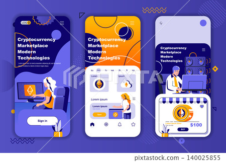 Cryptocurrency marketplace unique design kit for social networks stories. Blockchain technology mobile screen templates for app. UI UX layouts vector illustration. GUI set with people characters. Cryptocurrency marketplace unique design kit for social networks stories. Blockchain technology mobile screen templates for app. UI UX layouts vector illustration. GUI set with people characters. 140025855