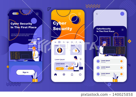 Cyber security unique design kit for social networks stories. Cybersecurity assistance and software mobile screen templates for app. UI UX layouts vector illustration. GUI set with people characters. 140025858