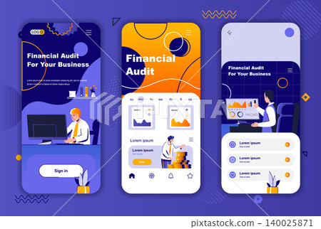 Financial audit unique design kit for social networks stories. Business consulting and accounting mobile screen templates for app. UI UX layouts vector illustration. GUI set with people characters. Financial audit unique design kit for social networks stories. Business consulting and accounting mobile screen templates for app. UI UX layouts vector illustration. GUI set with people characters. 140025871