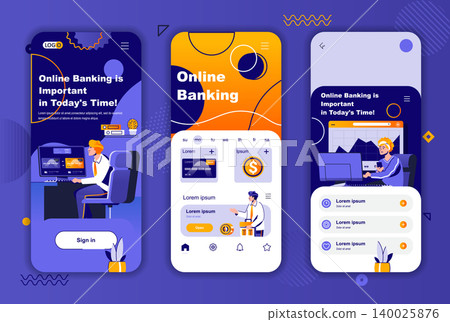 Online banking unique design kit for social networks stories. Online money transaction, manage and payment mobile screens for app. UI UX layouts vector illustration. GUI set with people characters. Online banking unique design kit for social networks stories. Online money transaction, manage and payment mobile screens for app. UI UX layouts vector illustration. GUI set with people characters. 140025876