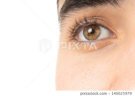 Man's eye reveals skin detail and elasticity, isolated, PNG 140025979