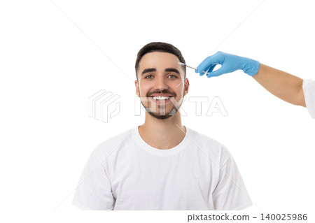 Syringe is used for skin treatment on a smiling man, isolated, PNG Syringe is used for skin treatment on a smiling man, isolated, PNG 140025986