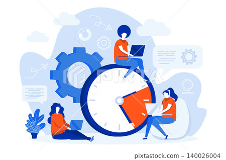 Time management web concept design with people. Employees work near big clock. Time management and efficiency composition in flat style. Vector illustration for social media promotional materials. Time management web concept design with people. Employees work near big clock. Time management and efficiency composition in flat style. Vector illustration for social media promotional materials. 140026004