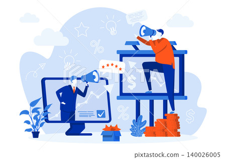 Outbound marketing web concept design with people. Social media crm for advertising. Online permission marketing flat style composition. Vector illustration for social media promotional materials. Outbound marketing web concept design with people. Social media crm for advertising. Online permission marketing flat style composition. Vector illustration for social media promotional materials. 140026005