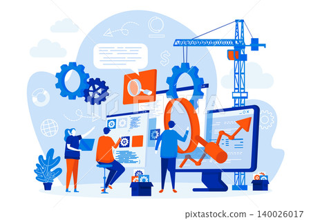 SEO optimization web design with people. SEO team analyzing data scene. Website optimization for relevant searches composition in flat style. Vector illustration for social media promotional materials SEO optimization web design with people. SEO team analyzing data scene. Website optimization for relevant searches composition in flat style. Vector illustration for social media promotional materials 140026017
